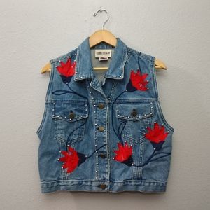 Vintage Sedona Stitchery Denim Vest Floral USA